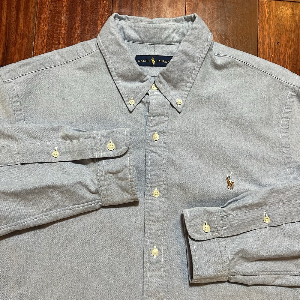 L Polo Ralph Lauren Chambray Shirt Mens Extra Large Classic Fit Flesh Pony READ*